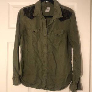“Army Green” Button-Up with Lace Shoulders